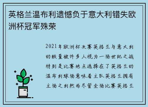 英格兰温布利遗憾负于意大利错失欧洲杯冠军殊荣