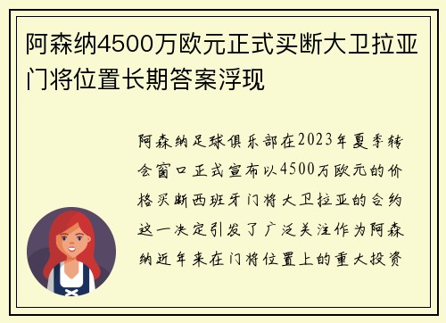 阿森纳4500万欧元正式买断大卫拉亚门将位置长期答案浮现